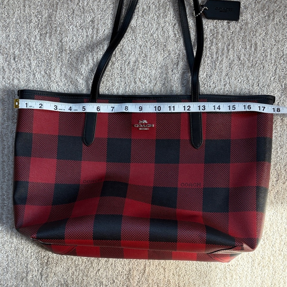 Coach Red and Black Buffalo Plaid Tote with Black Leather Trim - Picture 4 of 9